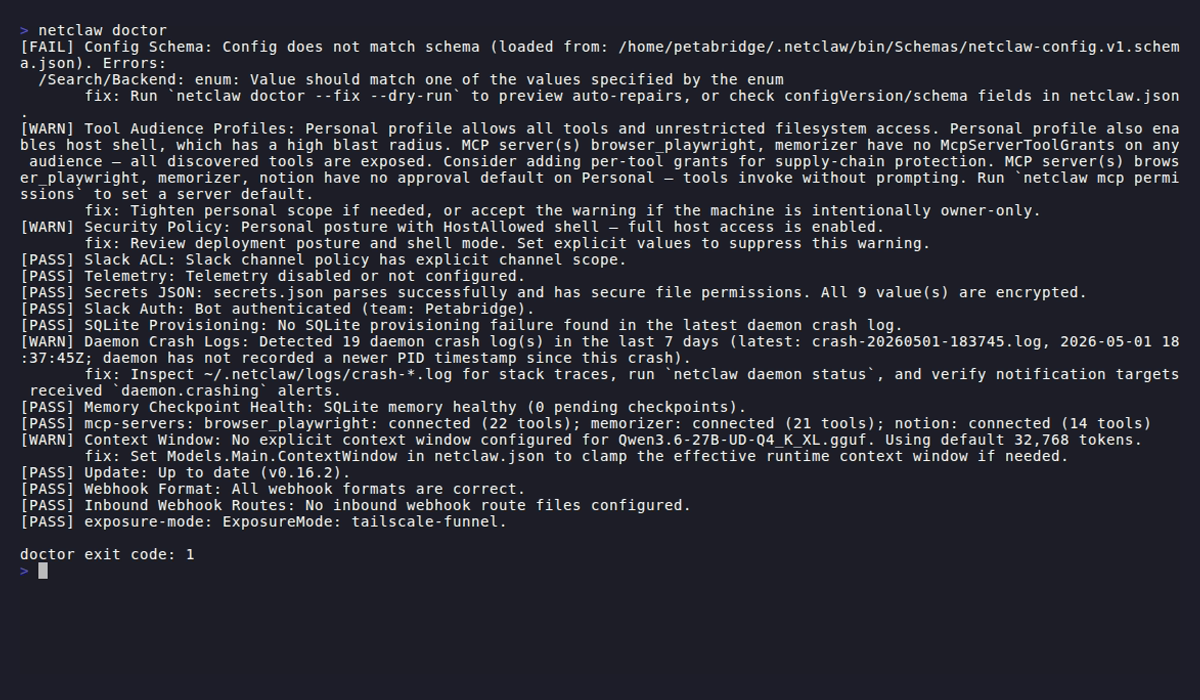 netclaw doctor running 16 diagnostic checks