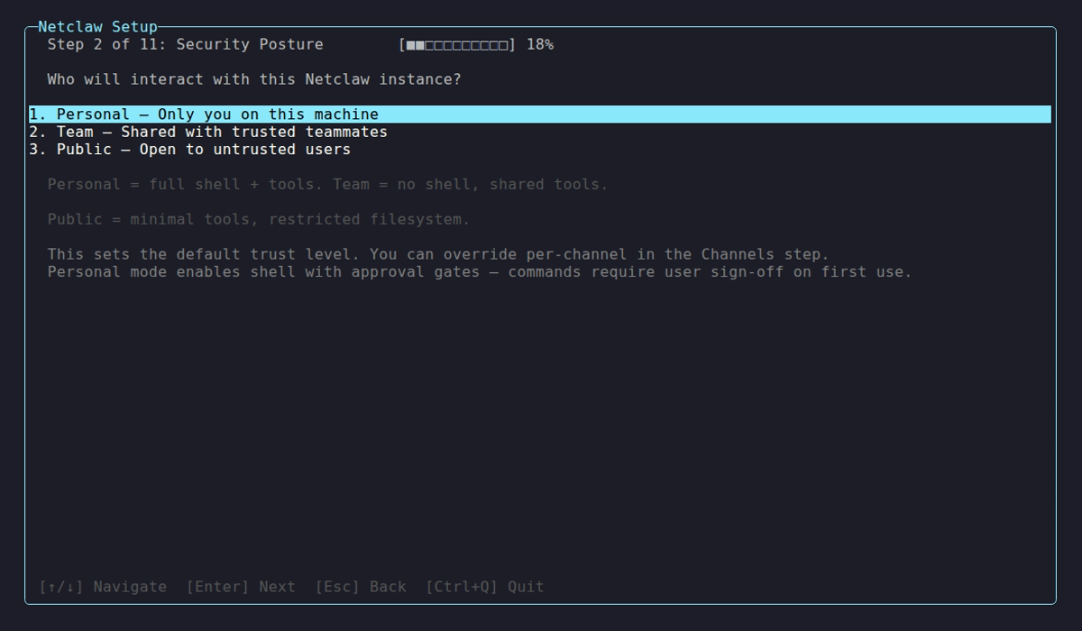 Security posture selection during netclaw init