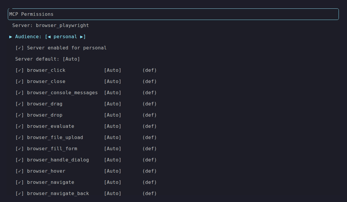 Tool grid for browser_playwright showing all tools granted for the Personal audience with Auto approval