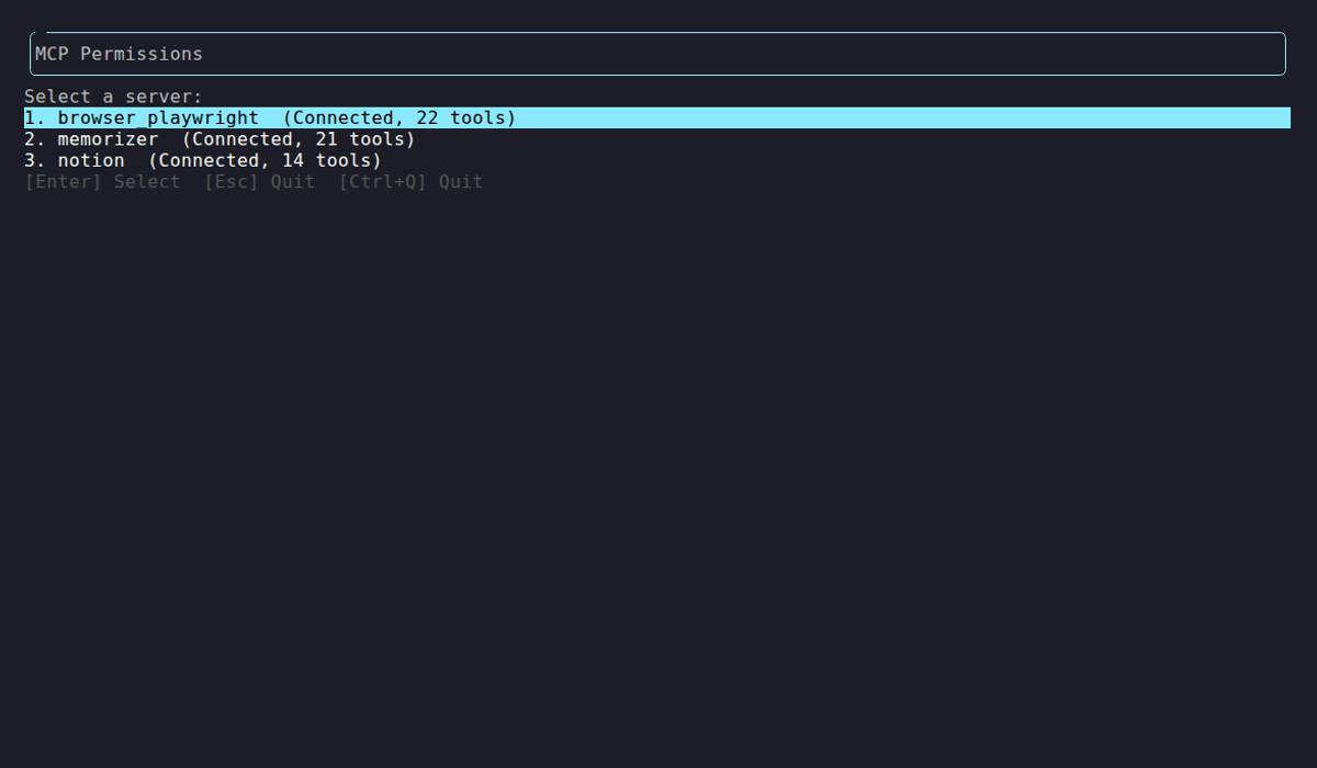 MCP Permissions server list showing three connected servers: browser_playwright (22 tools), memorizer (21 tools), notion (14 tools)