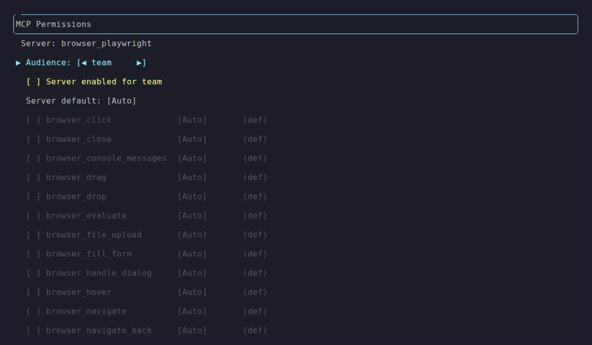 Team audience with server disabled and no tools granted