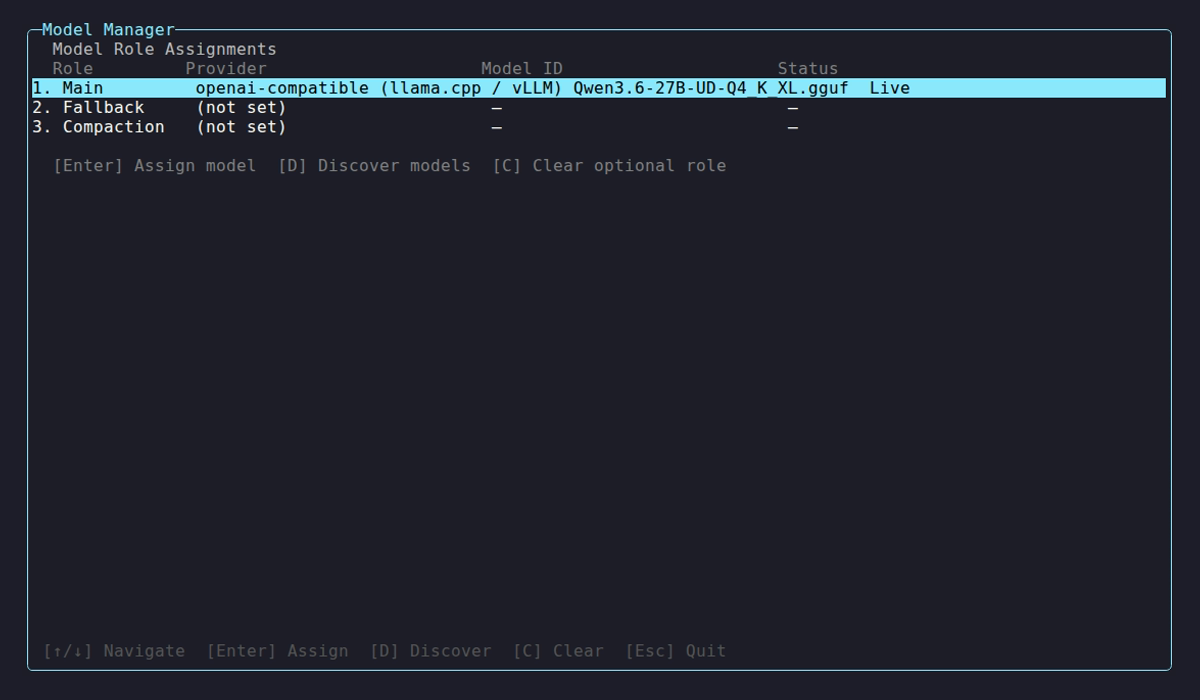 Model Manager TUI showing role assignments with Main configured and Fallback/Compaction unset
